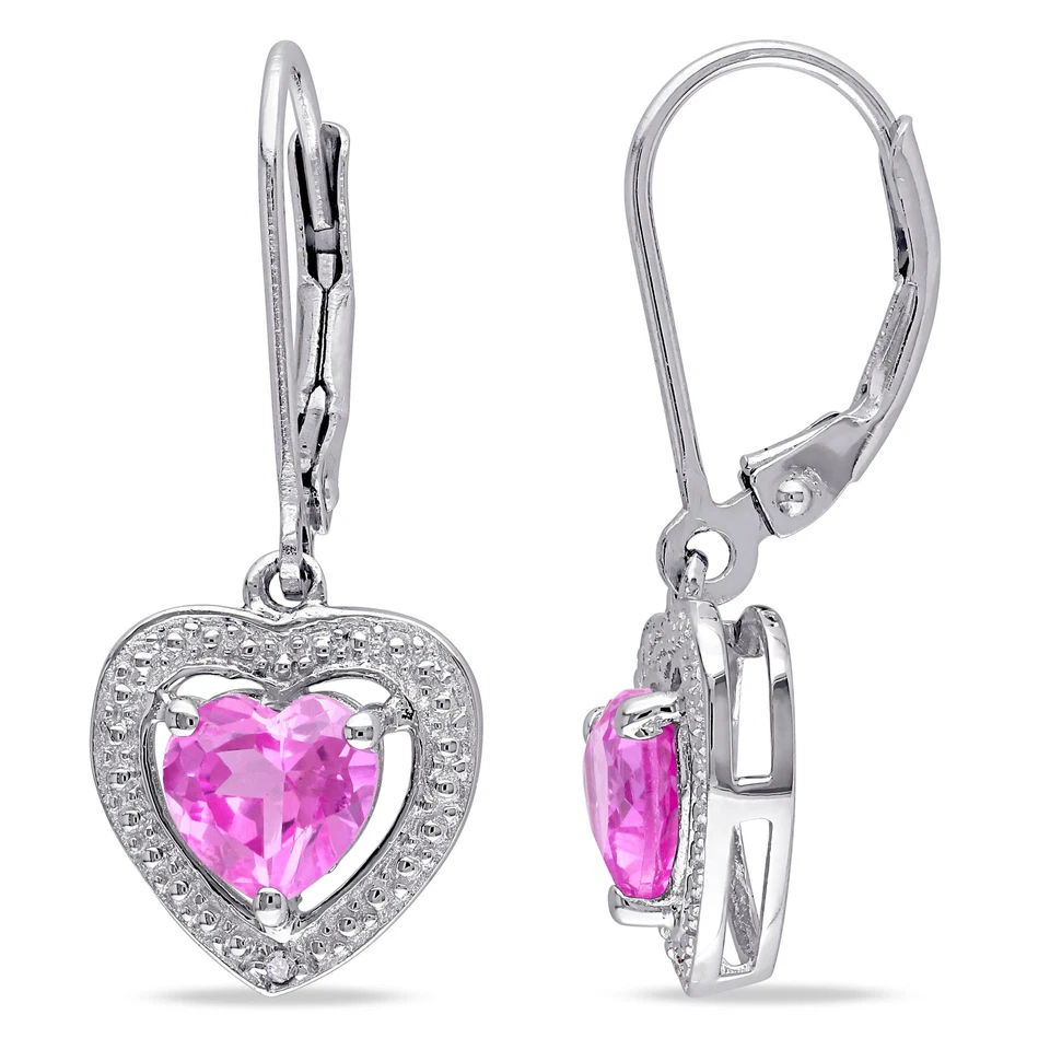 Amour Sterling Silver Created Pink Sapphire and Diamond Heart Earrings