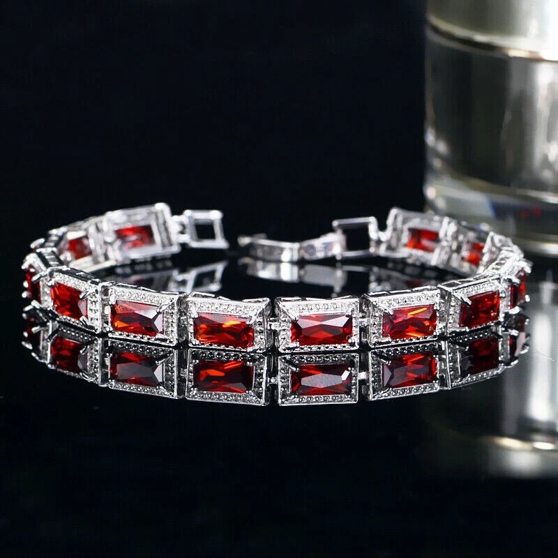 8CTS, 14 k White Gold Plated Emerald Ruby Lab Created Women Tennis Bracelet 7.5" - Image 4 of 4
