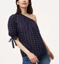 Ann Taylor LOFT Cotton Swiss Dot One Shoulder Top Size XS Navy Blue