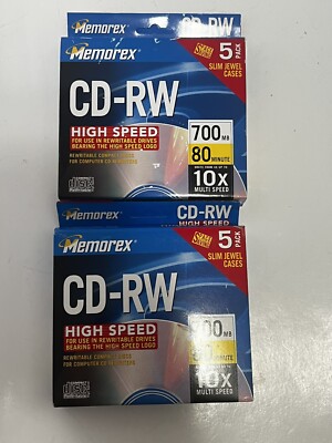 Lot Of 2 Memorex High Speed Slim Case Blank CD-RW 5PK 700MB/80 Min./10x New