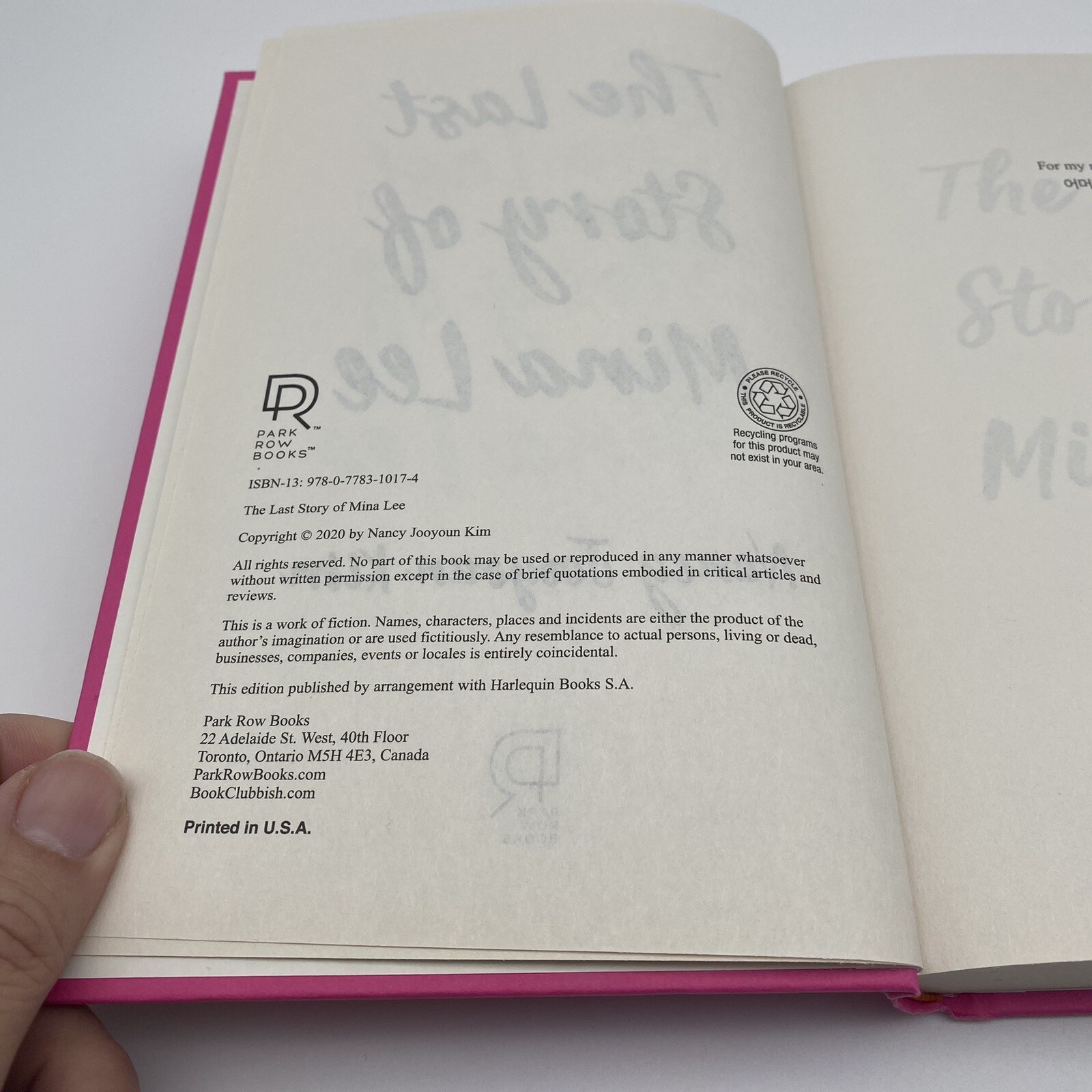 FILA The Last Story of Mina Lee Nancy Jooyoun Kim Park Row Books no dust jacket