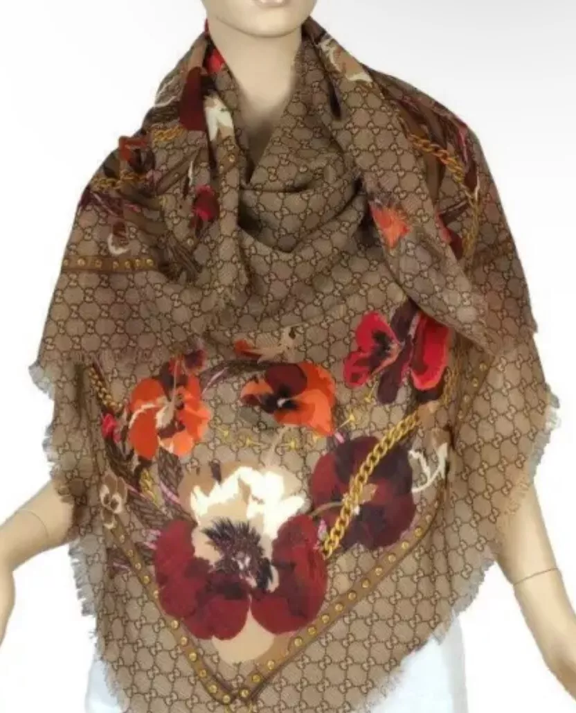 Gucci  Brown Pink New Floral Gg Logo Large Lightweight Shawl