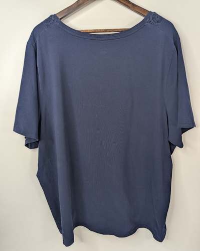 Catherines 3X 26W 28W Plus Navy Blue Crochet Trim Split Neck SS Shirt Blouse Top - Picture 3 of 12