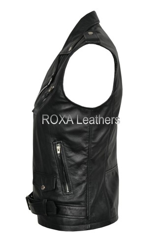 Men Genuine Lambskin Real Leather Waist Jacket Biker Black Belted Vest Coat - Picture 5 of 8