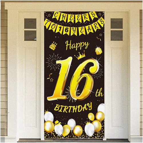 Golden Milestone 16th Birthday Party Decor Set - Black and Gold Banner, Backdrop - 第 1/7 張圖片