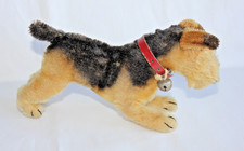 Vintage Steiff Mohair Terry Airedale Terrier 9 in Long Tan Black with Red Collar