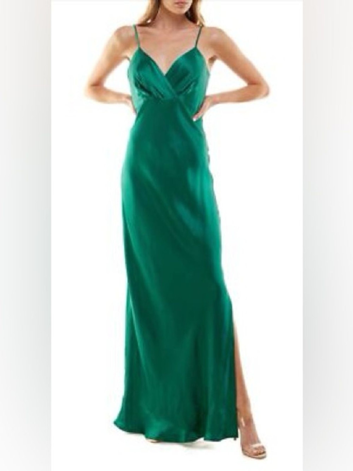 Socialite Satin Empire Waist Emerald Green Slip Maxi Dress with Slit - Size L