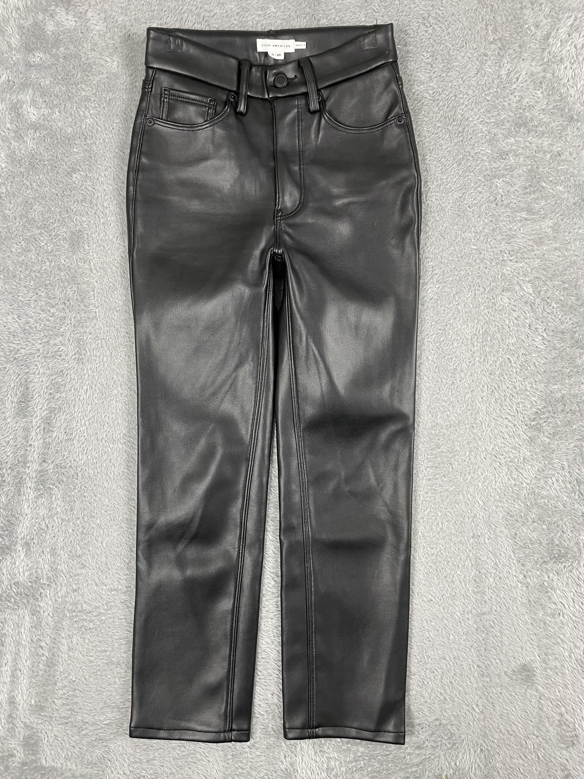 Good American Pants Womens 25 Black Faux Leather Straight Leg Ankle High Rise
