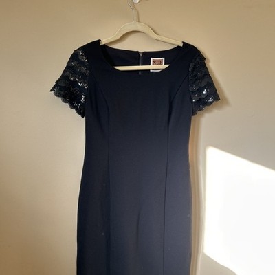 Nue by Shani Black Lace and Crepe Sheath Dress with Rosette Sleeves | eBay Nue by Shani Black Lace and Crepe Sheath Dress with Rosette Sleeves | eBay