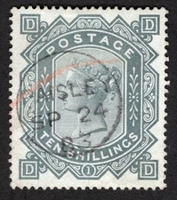 QV SG 131 10/- grey-green, watermark anchor on blued paper, VFU, Cat £9100