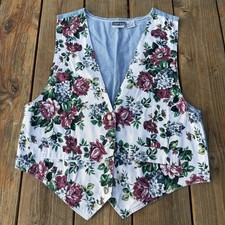 Vintage County Seat Nuovo Floral Denim Vest Womens Medium 90s USA Made Cinch