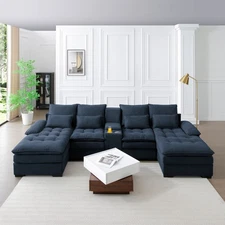 Modern U Shape Sectional Sofa Linen Upholstered Modular Couh With Chaise Lounge