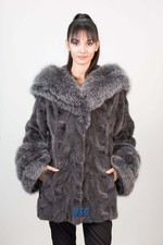 Graphite Mink Coat With Fox Fur Hood, Real Fu...
