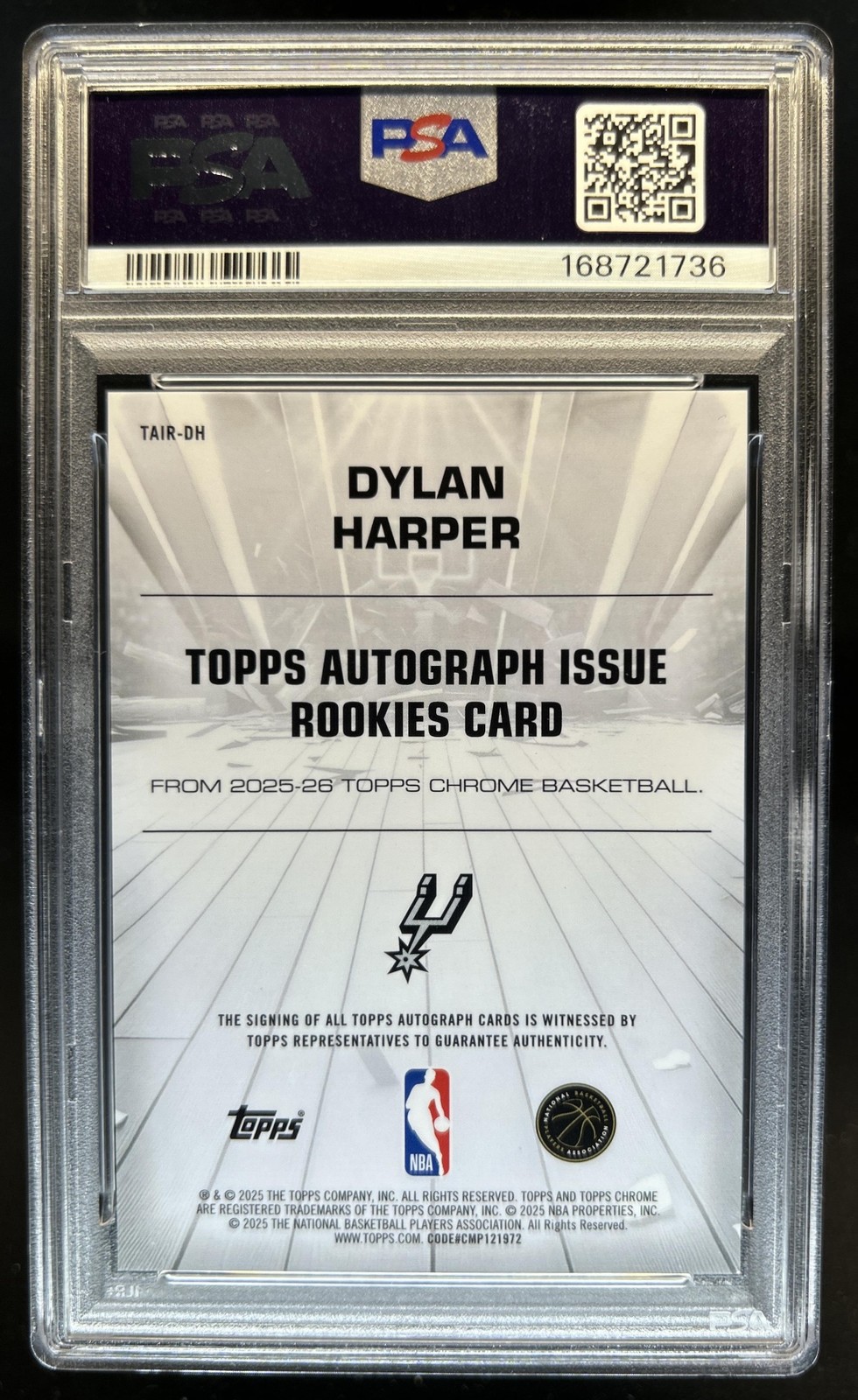 2025-26 Topps Chrome Dylan Harper Auto Rookies RC #TAIR-DH Spurs PSA 10 GEM MINT view 2
