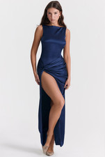 New House of CB Roxanne Navy Slit Satin Maxi Dress Sz XS
