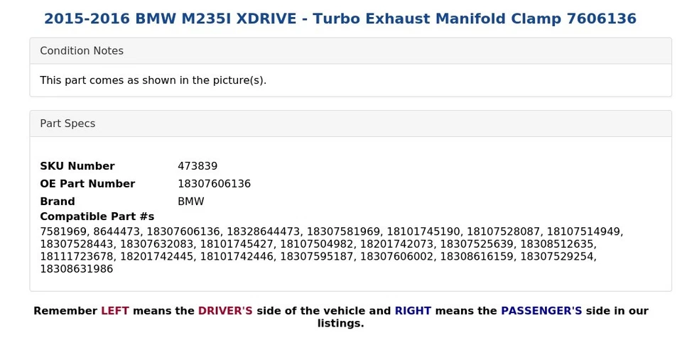 2015-2016 BMW M235I XDRIVE - Turbo Exhaust Manifold Clamp 7606136 - Image 4 of 4