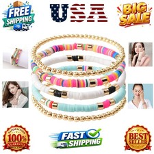 Surfer Heishi Clay Bead Bracelets for Women Bohemian Stackable Gold Plated Be...