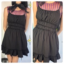 Black Lace Ruffle Mini Dress  Fairy Grunge Whimsy Goth Boho Western Dress M