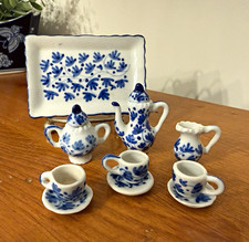 Porcelain Miniature Blue  White Tea  Coffee Set Lot, Tray Teapot 1:12