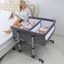 Twin Bedside Bassinet for Baby Grey Co Sleeper with mattress and large storage