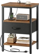 Nightstand with Charging Station, Bed Side Table with Adjustable Fabric Drawer, 