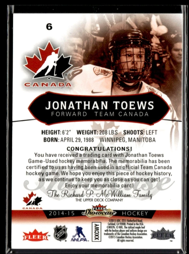 2014-15 Fleer Showcase Red Glow Jersey Number Jonathan Toews 19/36 #6 - Image 2 of 2