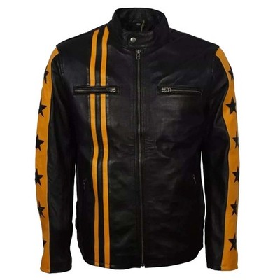 Men s Star Striped Cafe Racer Leather Jacket   Black & Yellow Biker Style Jacket