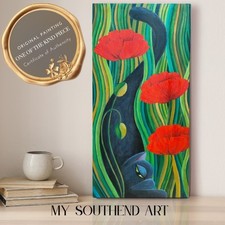 Original Black Cat and Poppies Painting- Contemporary Pet Wall Art- Handmade UK