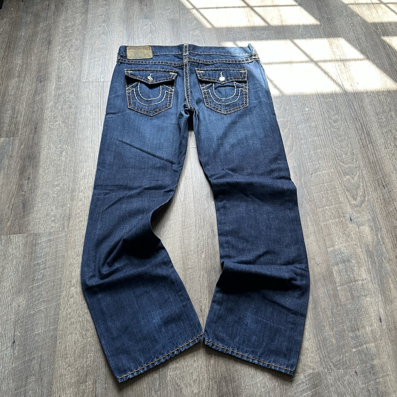 True Religion Jeans Mens 38x32 Blue Ricky Big T Flap Pocket Thick Stitch Y2K Mb3 image 2