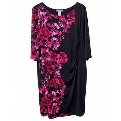 Catherines Black Pink Floral Dress Plus Size 2X 22/24 Ruched Sheath Stretch Cute