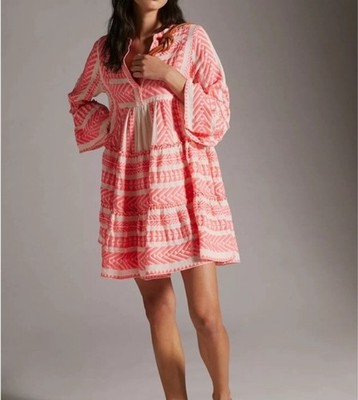 Anthropologie Devotion Twins Dress Medium Red White Geo Ella Boho Peasant Mini