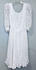 Vintage 80s Handmade Lace Wedding Dress Tea Length Puff Sleeve Bow Back Bridal