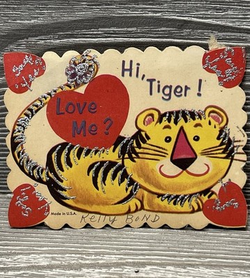 Vintage Valentine Card Hi Tiger Love Me Glitter 3  X 4  Signed