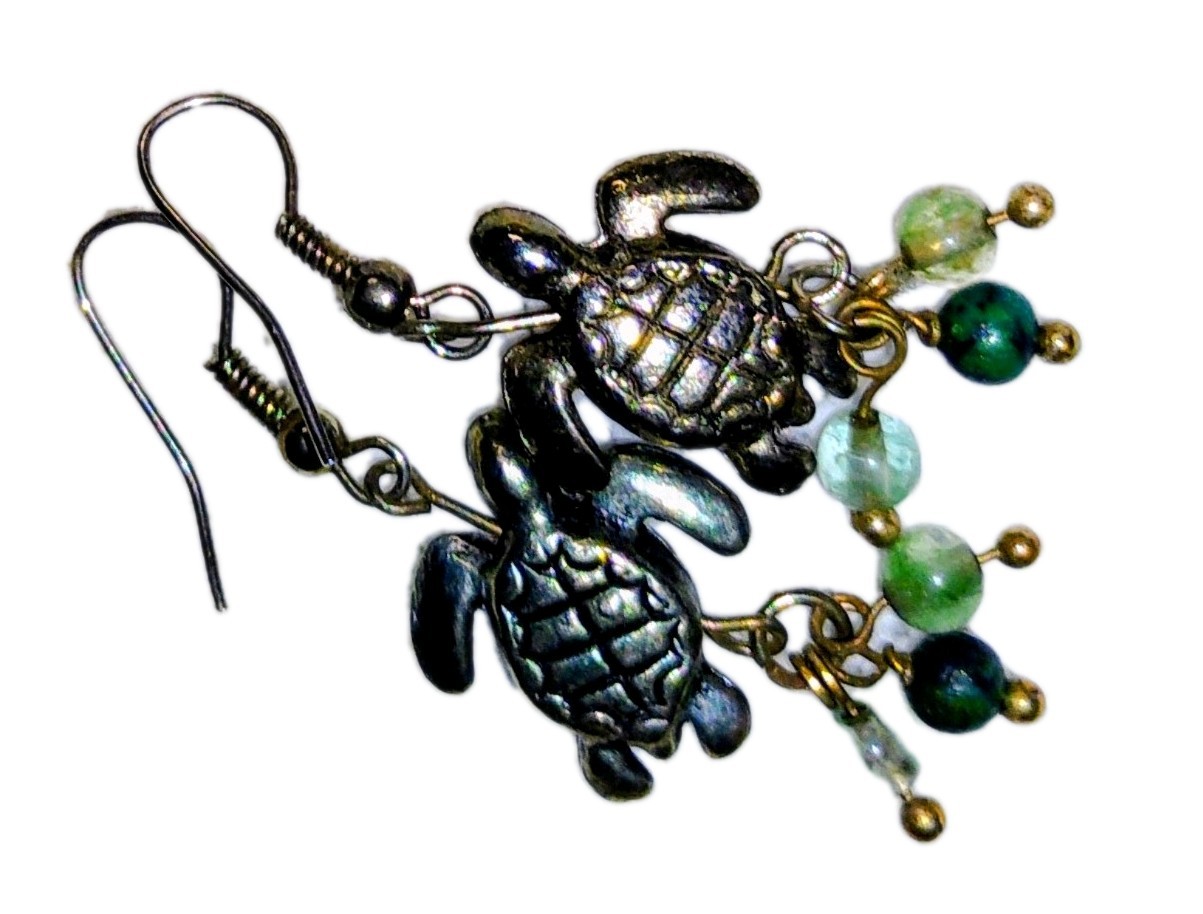 Handcrafted Turtle Dangle Drop Earrings Brass Gla… - image 3