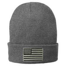 Subdued Grey USA American Flag Embroidered Winter Cuff Long Beanie