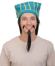 HPO Men's Straight Long Black Wig with Attached Hat Mustache Beard HM-1562