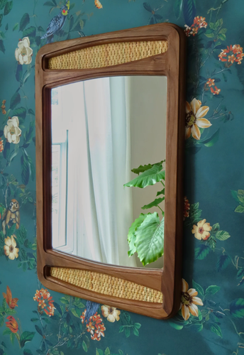 Walnut Mirror With Caning Accents - Mid Century Style - Picture 3 of 7