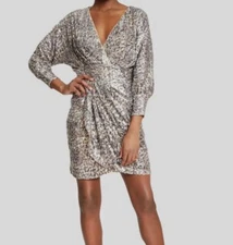 $365 ONE33 Social Womens Brown Sequined V Neck Faux Wrap Sheath Dress Size 6