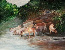 ANDRE DLUHOS Western Cows Herd Ranch Water Animals Original Art Oil Painting