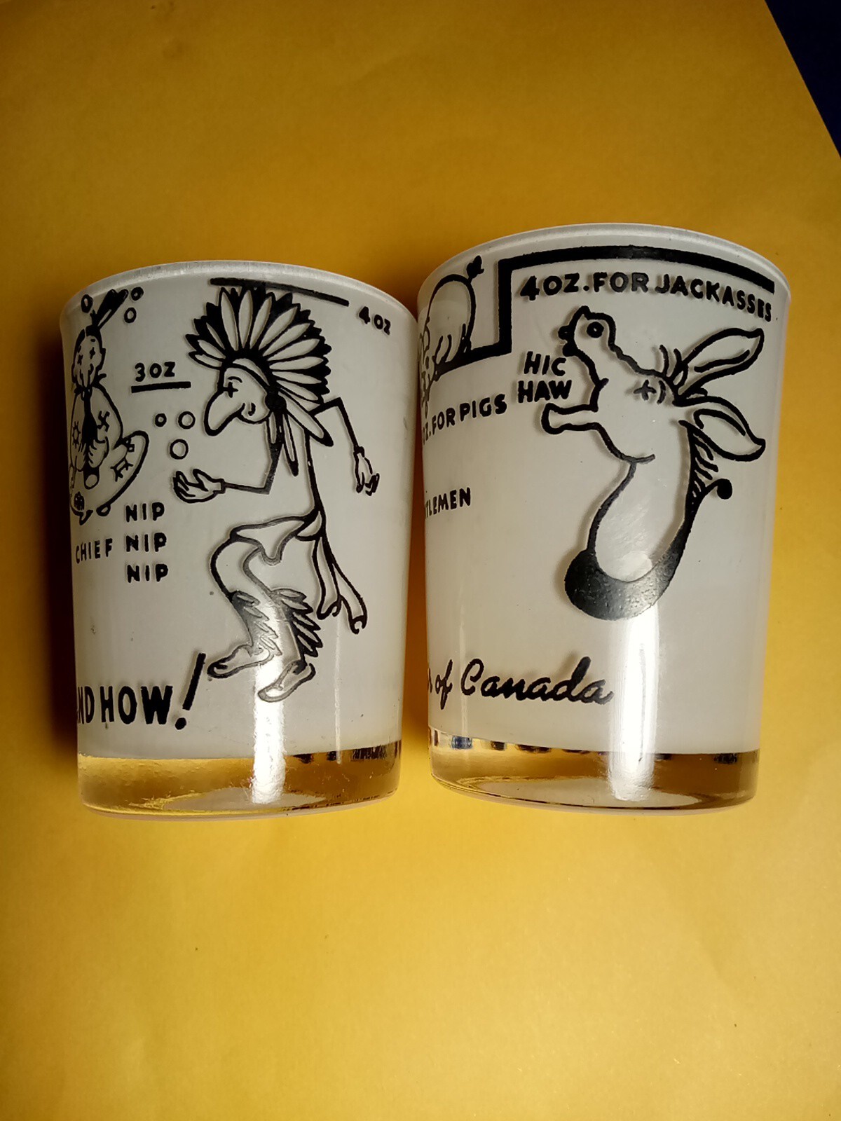 1 Hazel Atlas Jigger Shot Glass INDIAN CHIEF Nip SAY WHEN Jackass Pig