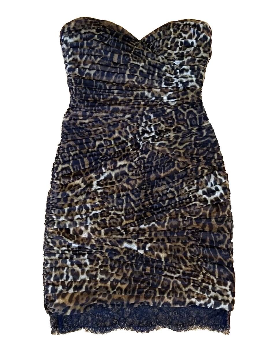 bcbgmaxazria strapless cocktail dress BCBGMaxAzria Strapless Cocktail Mini Dress Womens 4 Leopard Bovary Ruched  Lace