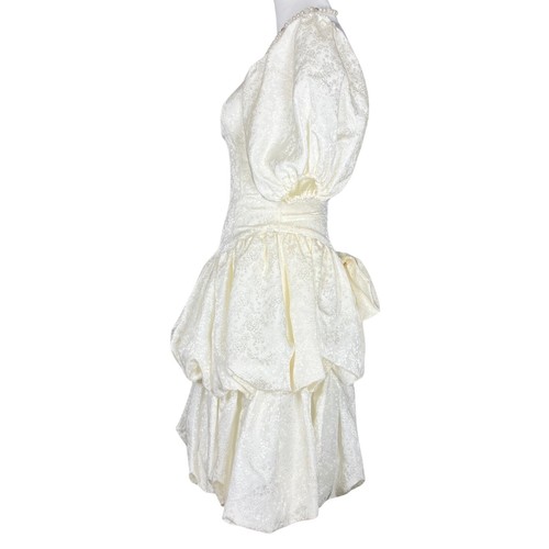 Vintage 80er Handarbeit kurz cremeweiß Retro Hochzeit Ballkleid Puffärmel Schleife XS - Bild 4 von 7