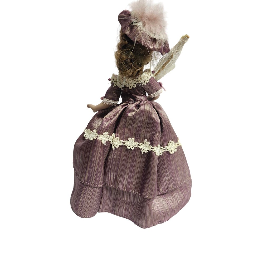 VTG Porcelain Doll Small With Hat Silky Crochet Beaded Dress Curly