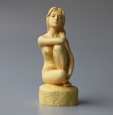 Statua ragazza nuda cinese intagliato legno di bosso 5,4" bellezza figure decorazione