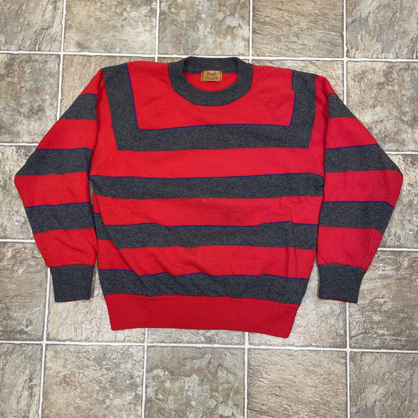 VTG Pringle of Scotland Club Collection size L/XL Striped Wool Sweater Red  Gray | eBay