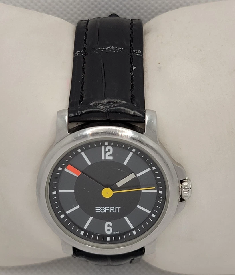 Унисекс Espirit стильный круглый серебристый тон большая корона черный кожаный ремень часы J7 - Изображение 4 из 4