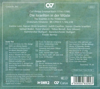 CARL PHILIPP EMANUEL BACH: DIE ISRAELITEN IN DER WSTE NEW CD