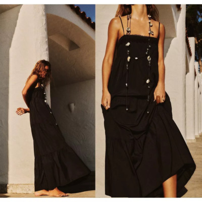 NEW ZARA tiered poplin midi black 0881 dress size XS