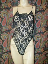 Vintage Hanky Panky Black Sheer Knit Lace Teddy Thong Panty Romper BodySuit S