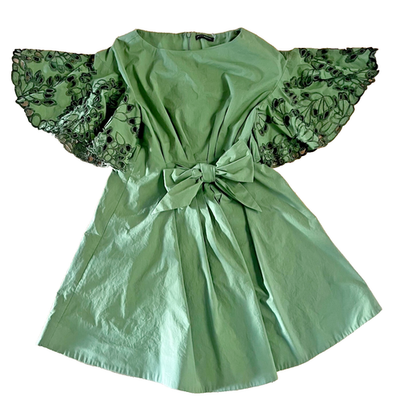 Josie Natori Green A-Line Dress Embroidered Lace Sleeves Tie Waist Women's  4 | eBay